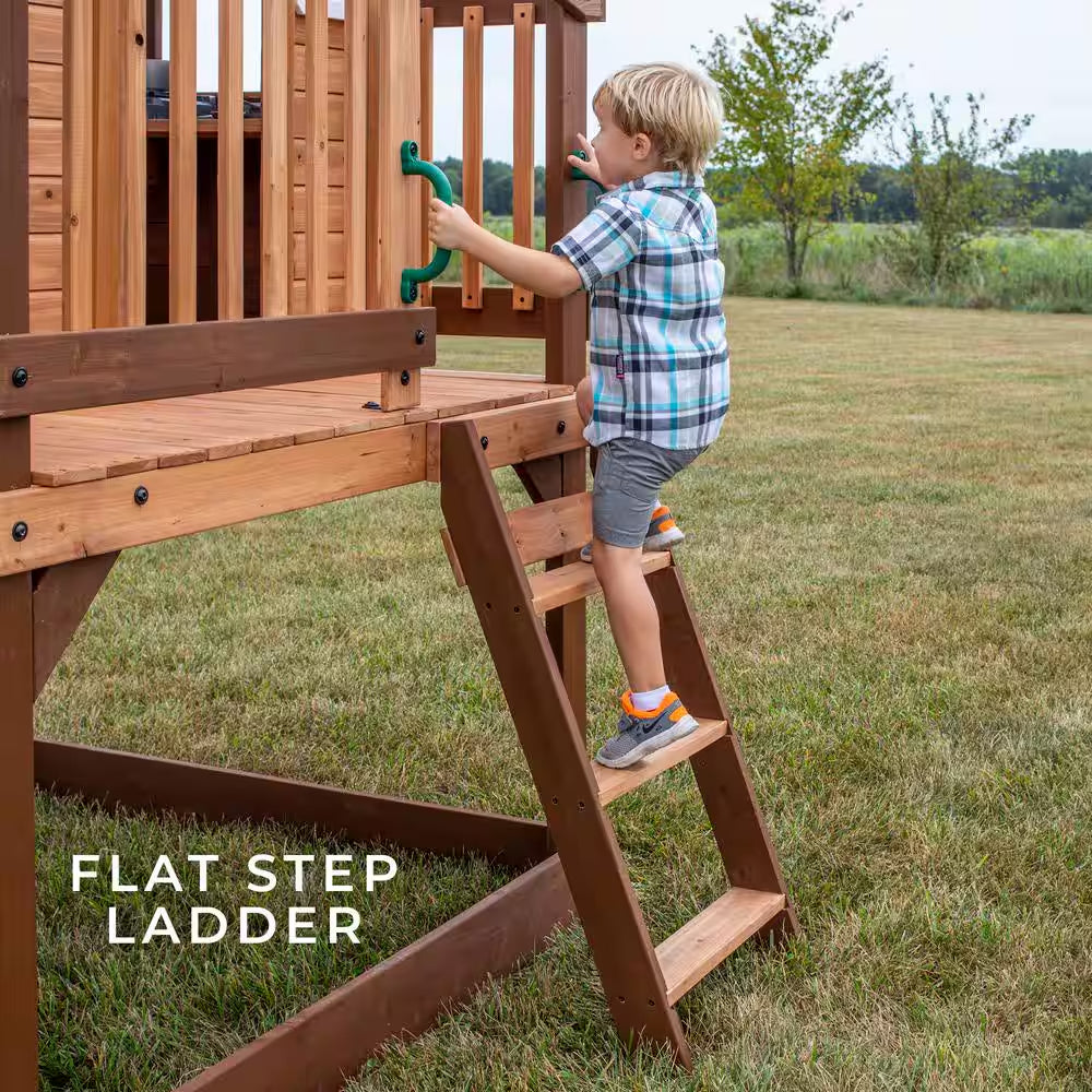 Echo Heights Indoor Outdoor All Cedar Wooden Elevated Playhouse with Clubhouse, Ladder, Green Slide, and Play Kitchen