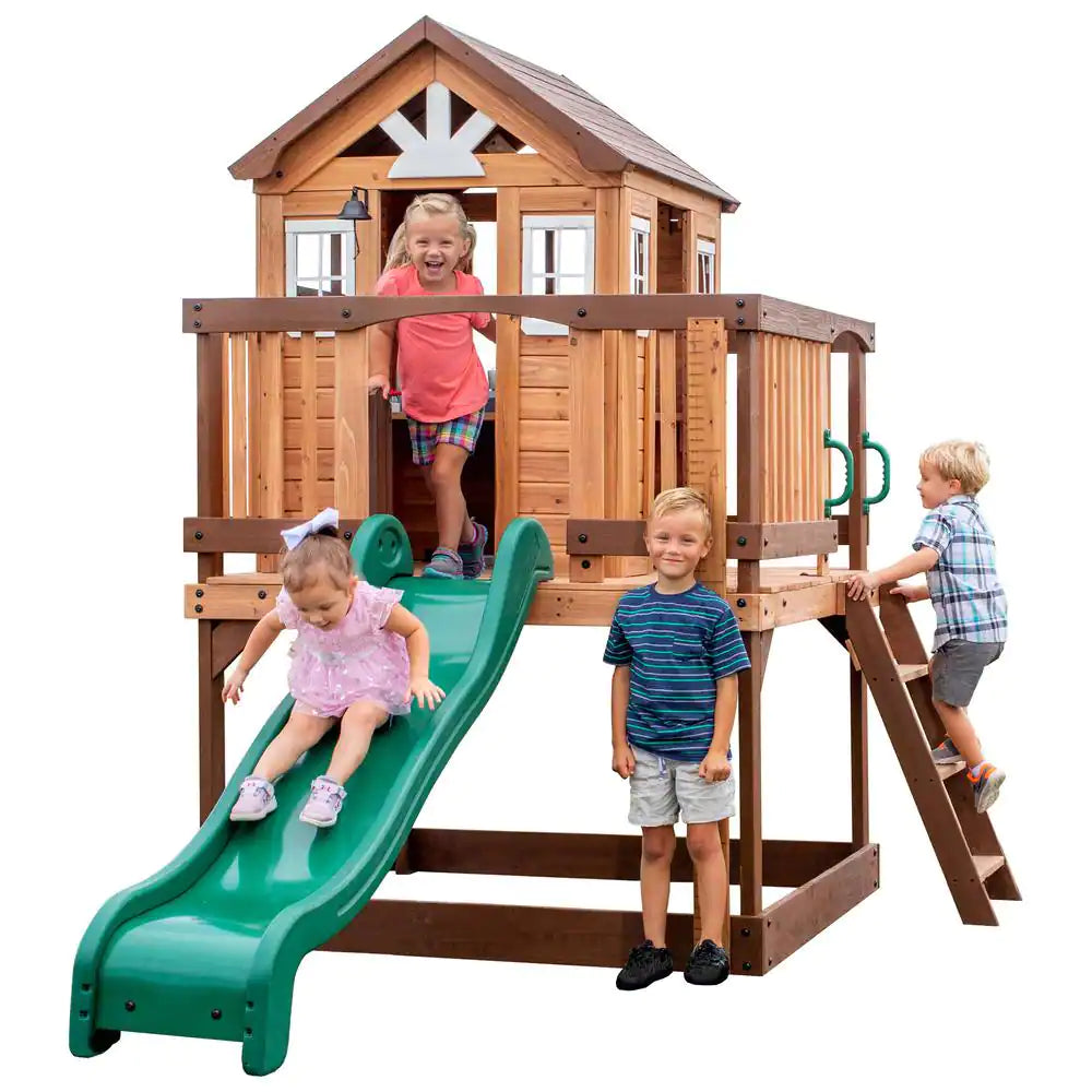 Echo Heights Indoor Outdoor All Cedar Wooden Elevated Playhouse with Clubhouse, Ladder, Green Slide, and Play Kitchen