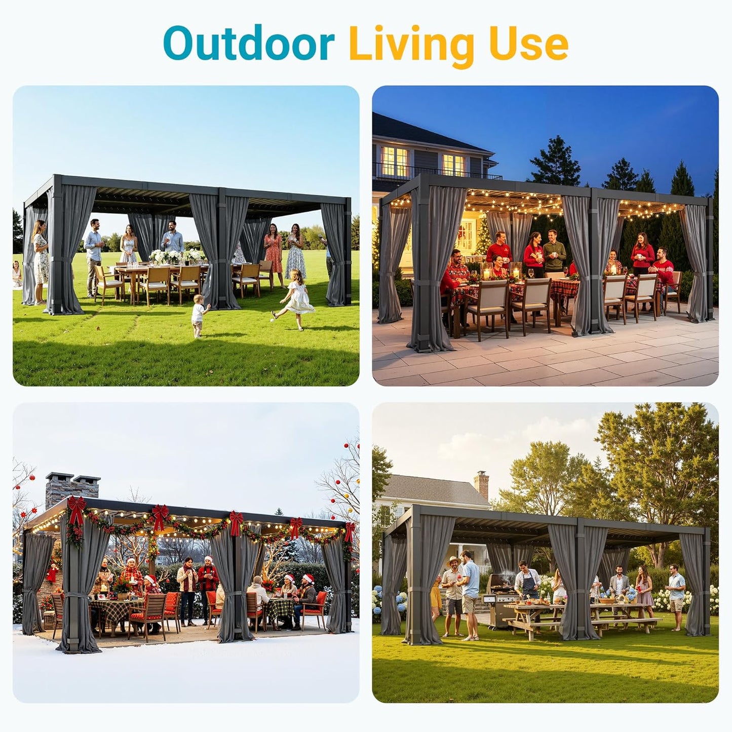 12' X 20' Pergola with Curtain & Adjustable Roof & Aluminum Frame for Patio | Louvered Pergola, Patio Pergola with Netting & Gutter System, Outdoor Pergola, Hardtop Gazebo for Deck, Yard, Dark Gray