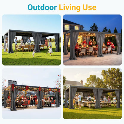 12' X 20' Pergola with Curtain & Adjustable Roof & Aluminum Frame for Patio | Louvered Pergola, Patio Pergola with Netting & Gutter System, Outdoor Pergola, Hardtop Gazebo for Deck, Yard, Dark Gray