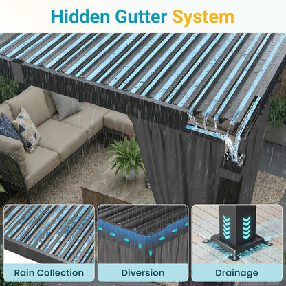 12' X 20' Pergola with Curtain & Adjustable Roof & Aluminum Frame for Patio | Louvered Pergola, Patio Pergola with Netting & Gutter System, Outdoor Pergola, Hardtop Gazebo for Deck, Yard, Dark Gray