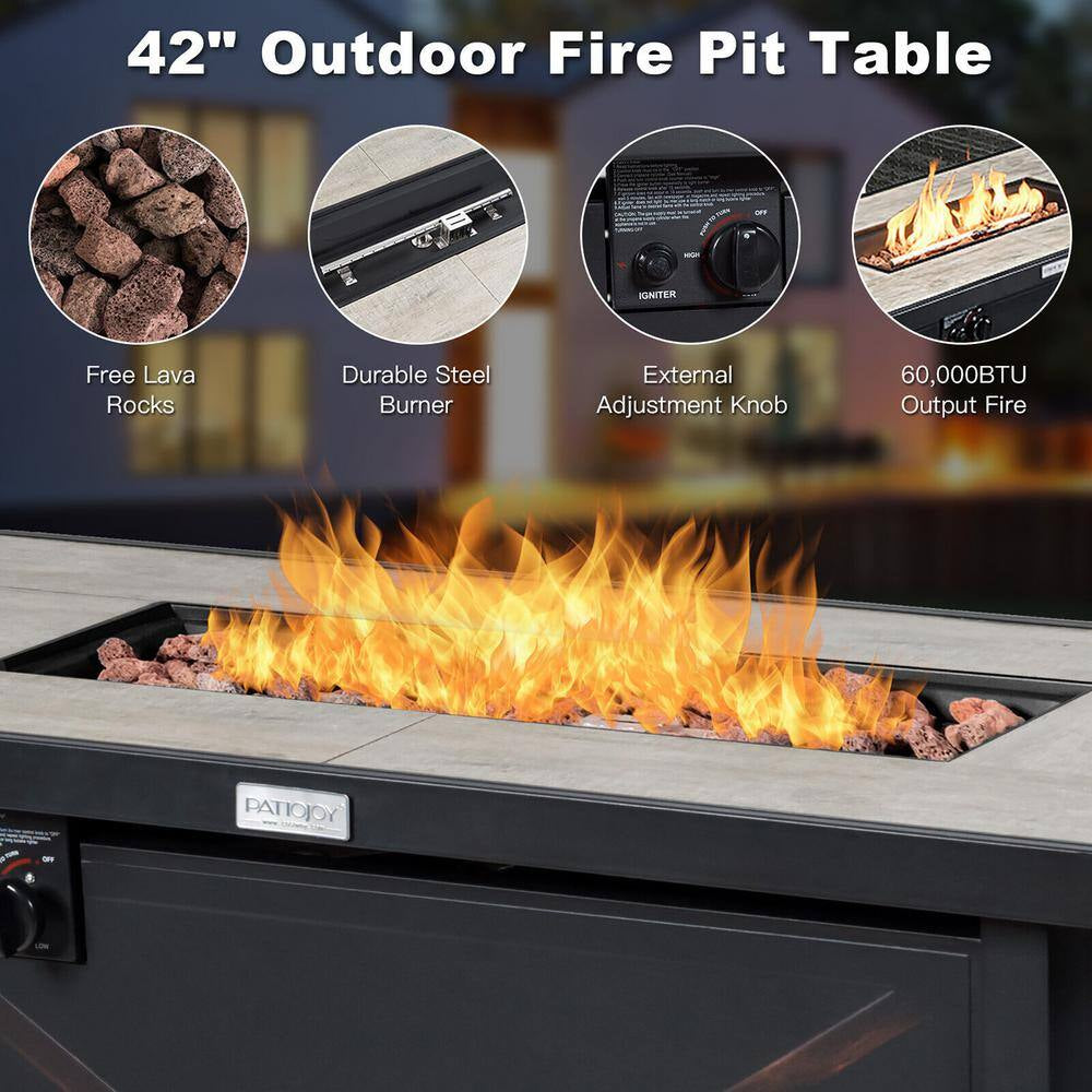 9-Pieces Patio Rattan Furniture Set Fire Pit Table Storage Grey with Cover Grey