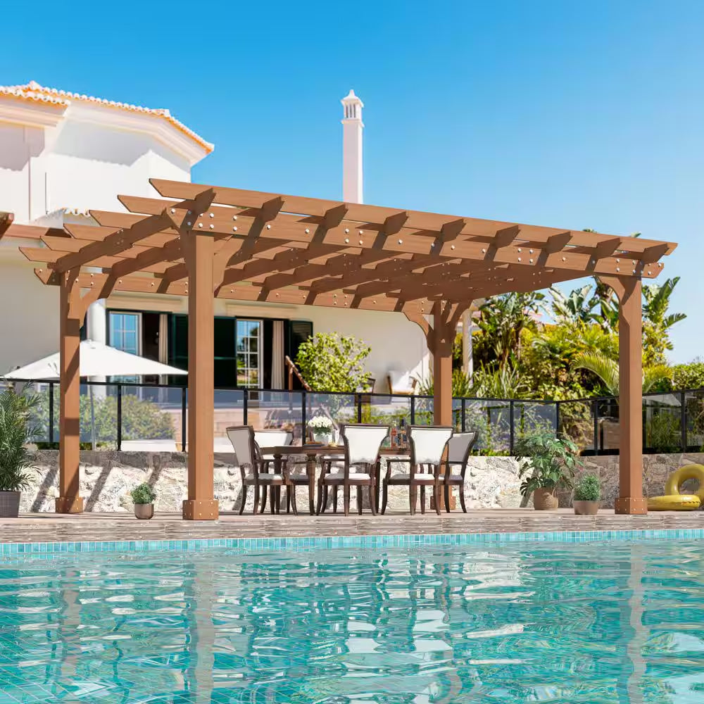14 Ft. W X 10 Ft. D Cedar Wood Patio Pergola Shade Structure for Outdoor, Brown