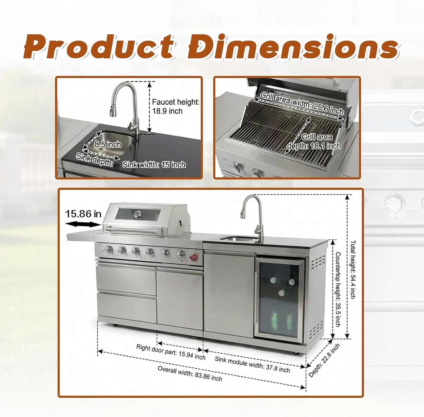 84" Deluxe Outdoor Kitchen Bar and BBQ Island Grill with 6 Burner, 75300 BTU Stainless Steel Grill, Integrated Sink, Wine Cooler, Refrigerator, Granite Countertops, and Rotisserie Kit