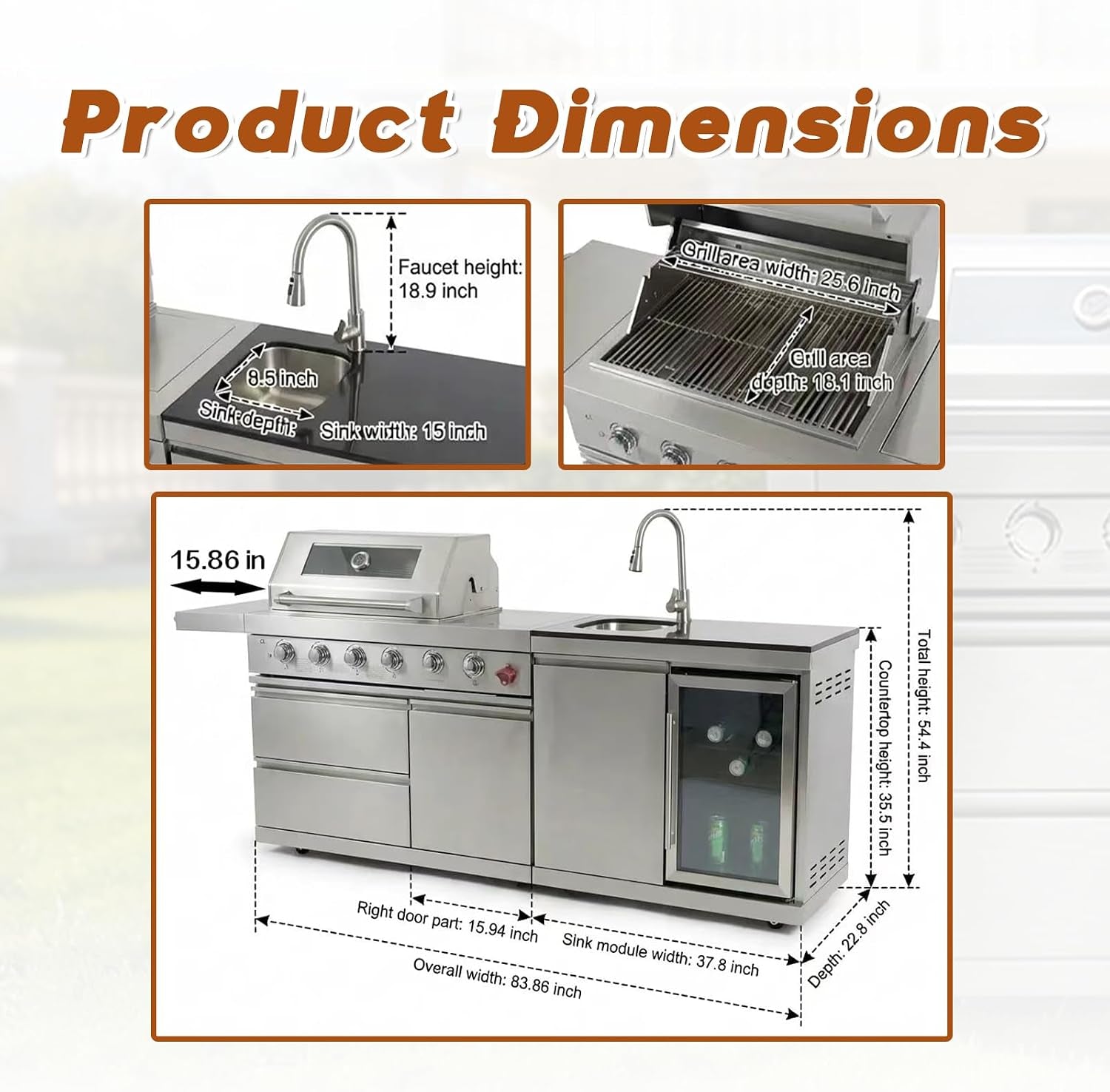 84" Deluxe Outdoor Kitchen Bar and BBQ Island Grill with 6 Burner, 75300 BTU Stainless Steel Grill, Integrated Sink, Wine Cooler, Refrigerator, Granite Countertops, and Rotisserie Kit