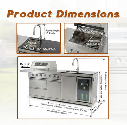 84" Deluxe Outdoor Kitchen Bar and BBQ Island Grill with 6 Burner, 75300 BTU Stainless Steel Grill, Integrated Sink, Wine Cooler, Refrigerator, Granite Countertops, and Rotisserie Kit