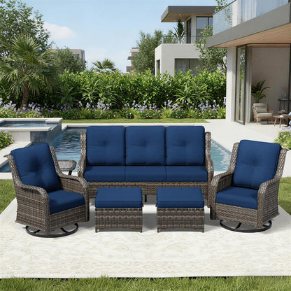 6 Piece Wicker Patio Furniture Set, Outdoor Swivel Rocker Patio Chairs with High Back, Deep Seating, Wide Armrest, Thickened Cushions, Outdoor Furniture for Deck, Porch Use
