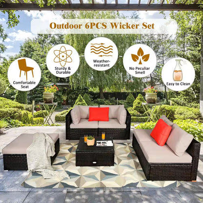 6-Piece Brown Wicker Outdoor Patio Rattan Furniture Set Sectional Sofa Ottoman with Beige Cushions