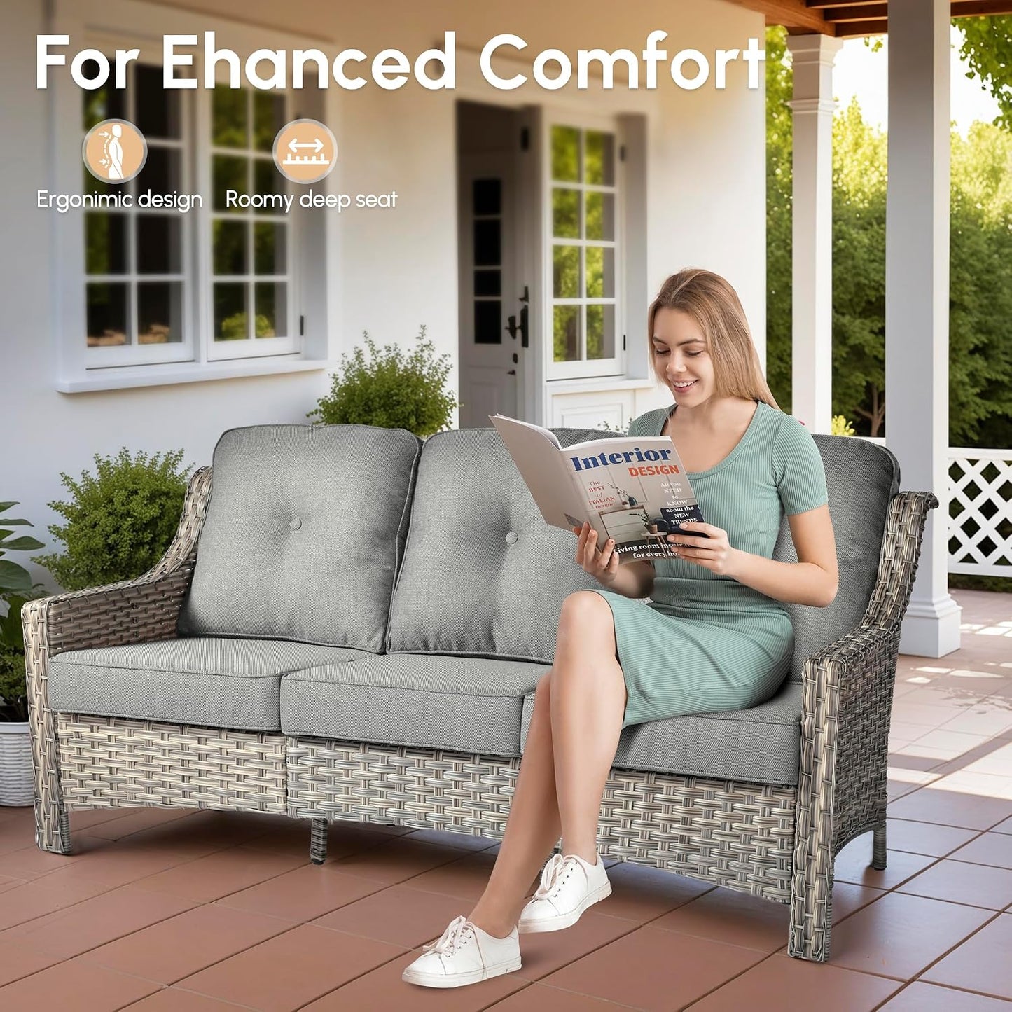 6 PCS Outdoor Patio Furniture Set with Fire Pit Table and Ottomans,Patio Seating outside Sofa and Chair Set,All Weather Wicker Outdoor Conversation Sets for Garden Deck Porch Yard,Dark Grey