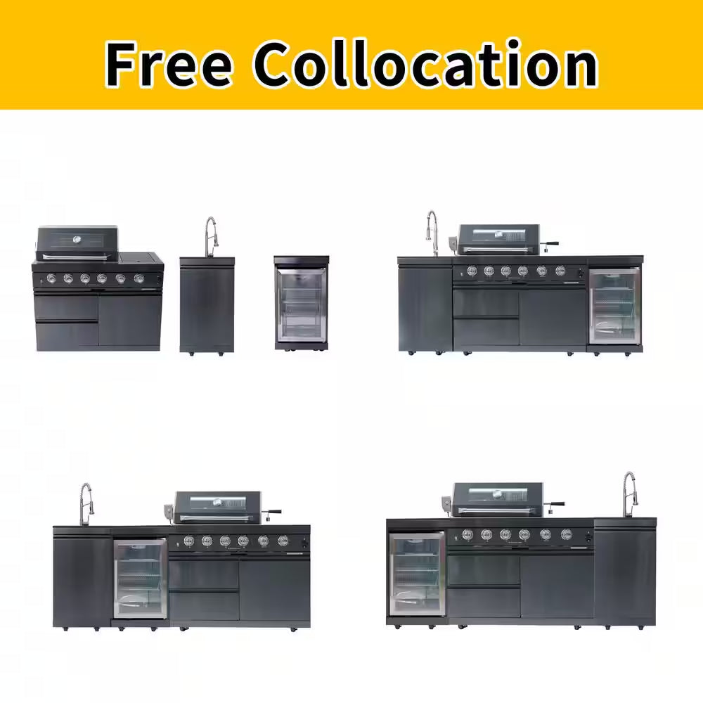 46 In. 4-Burner 72000 BTU Propane Gas Grill Island Outdoor Kitchen with Refrigerator, Sink in Black Stainless Steel