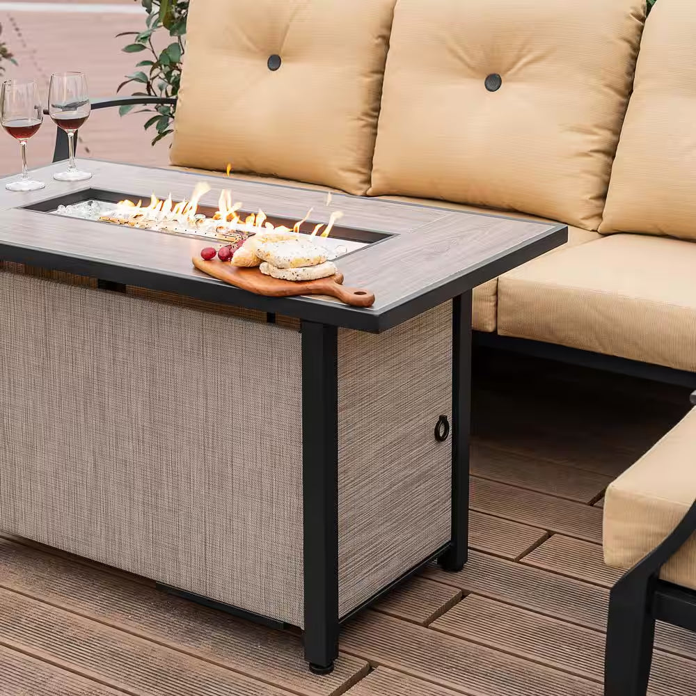 Brown 4-Piece Aluminum Patio Conversation Set with Iron Propane Fire Pit Table, Sofa Set with Ginger Cushions