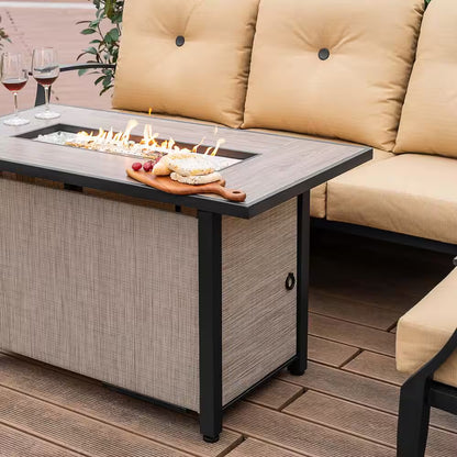 Brown 4-Piece Aluminum Patio Conversation Set with Iron Propane Fire Pit Table, Sofa Set with Ginger Cushions
